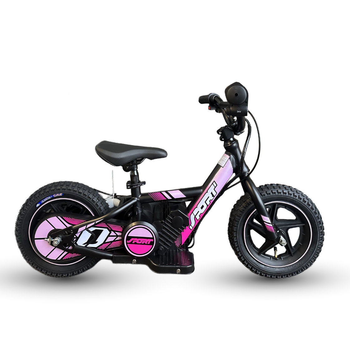 AB Bikes Kids Bikes 12 electric bikes in black and pink – side view