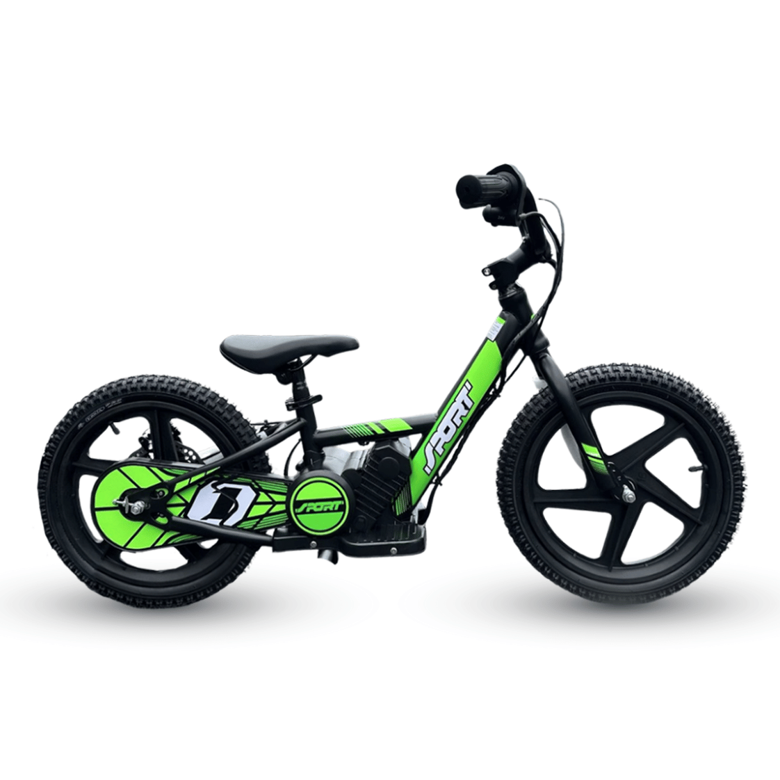 AB Bikes Kids Bikes 16 electric balance bike in green and black – side view