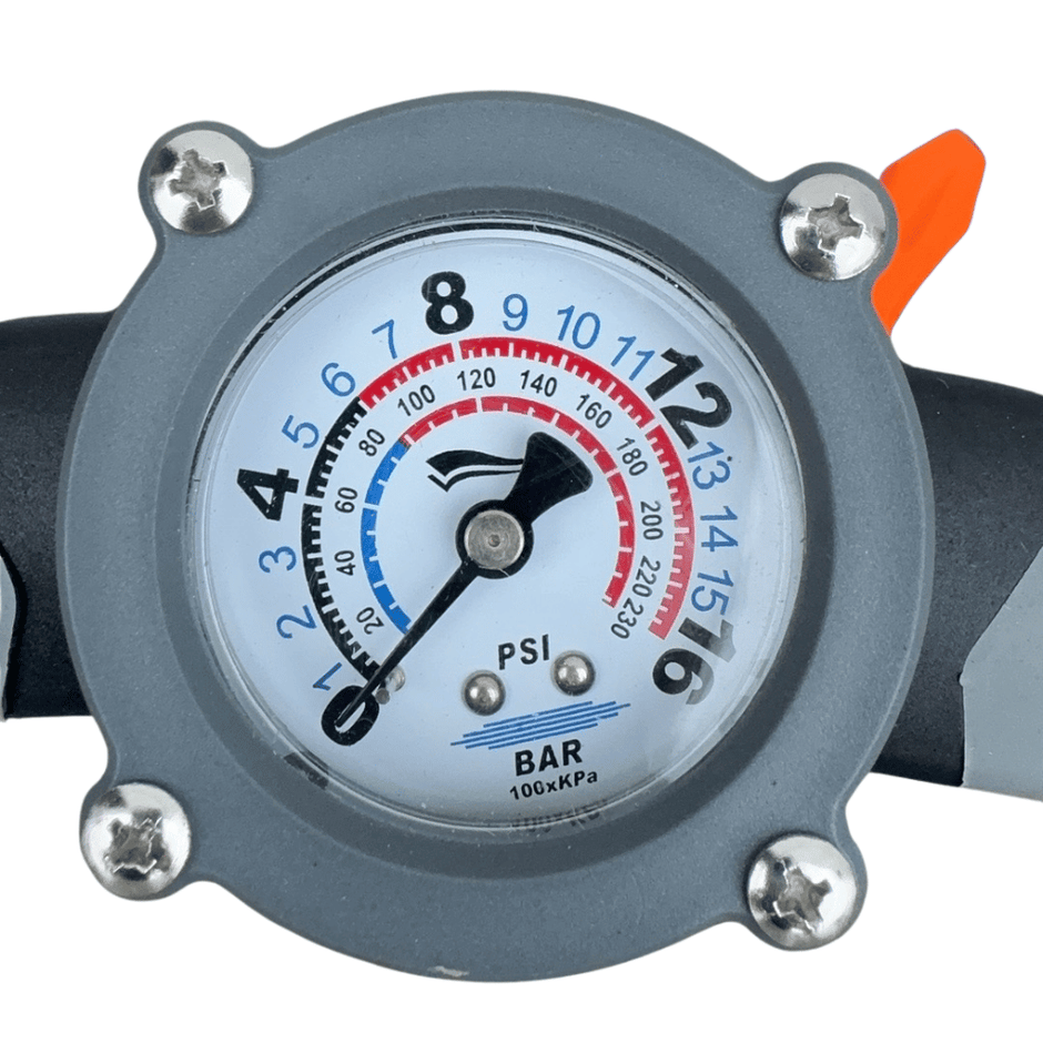 AB Bikes Accessories Air Pump in black – Pressure Gauge Dial view