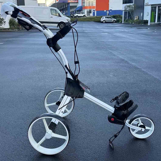 BIG-MAX-Model-IQ-Golf-Trundler-Foldable-Push-Cart-3-Wheel-white ps side– AB Bikes Auckland NZ