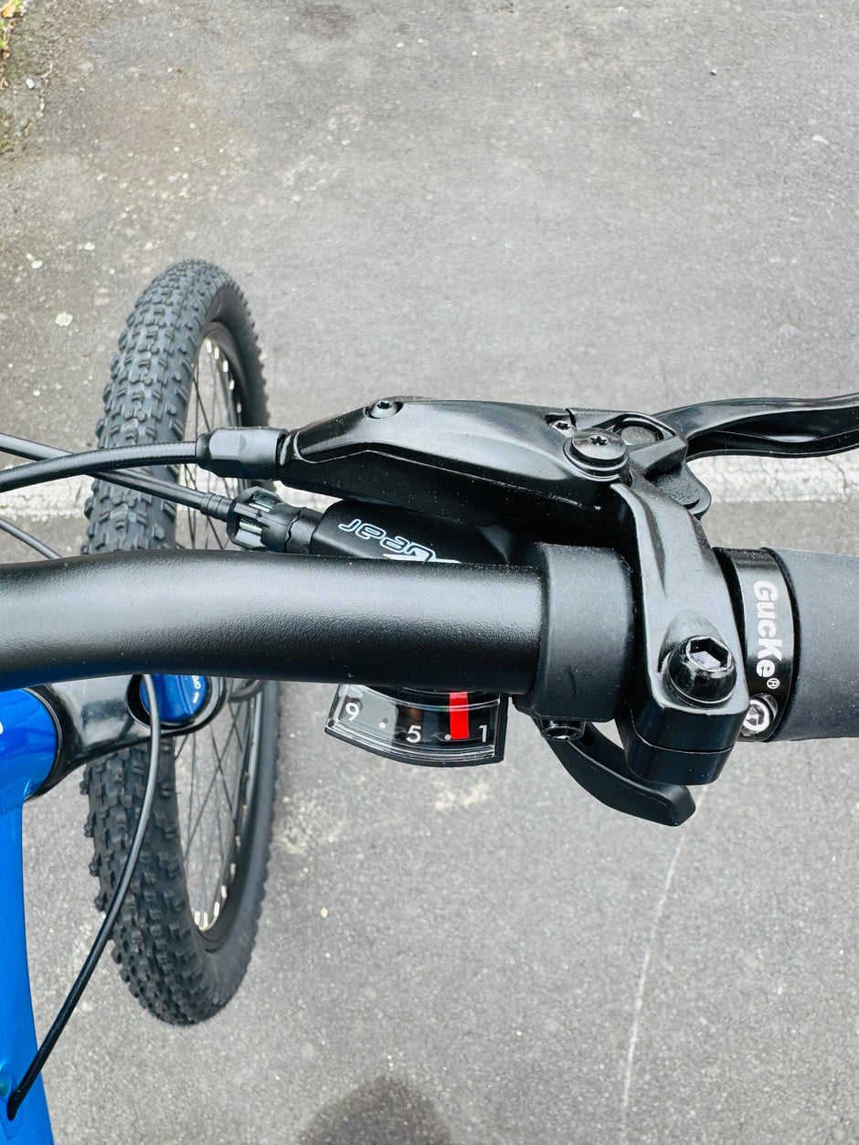 AB Bikes Mountain Bike Rental Ceres in blue – gearing and handbar view