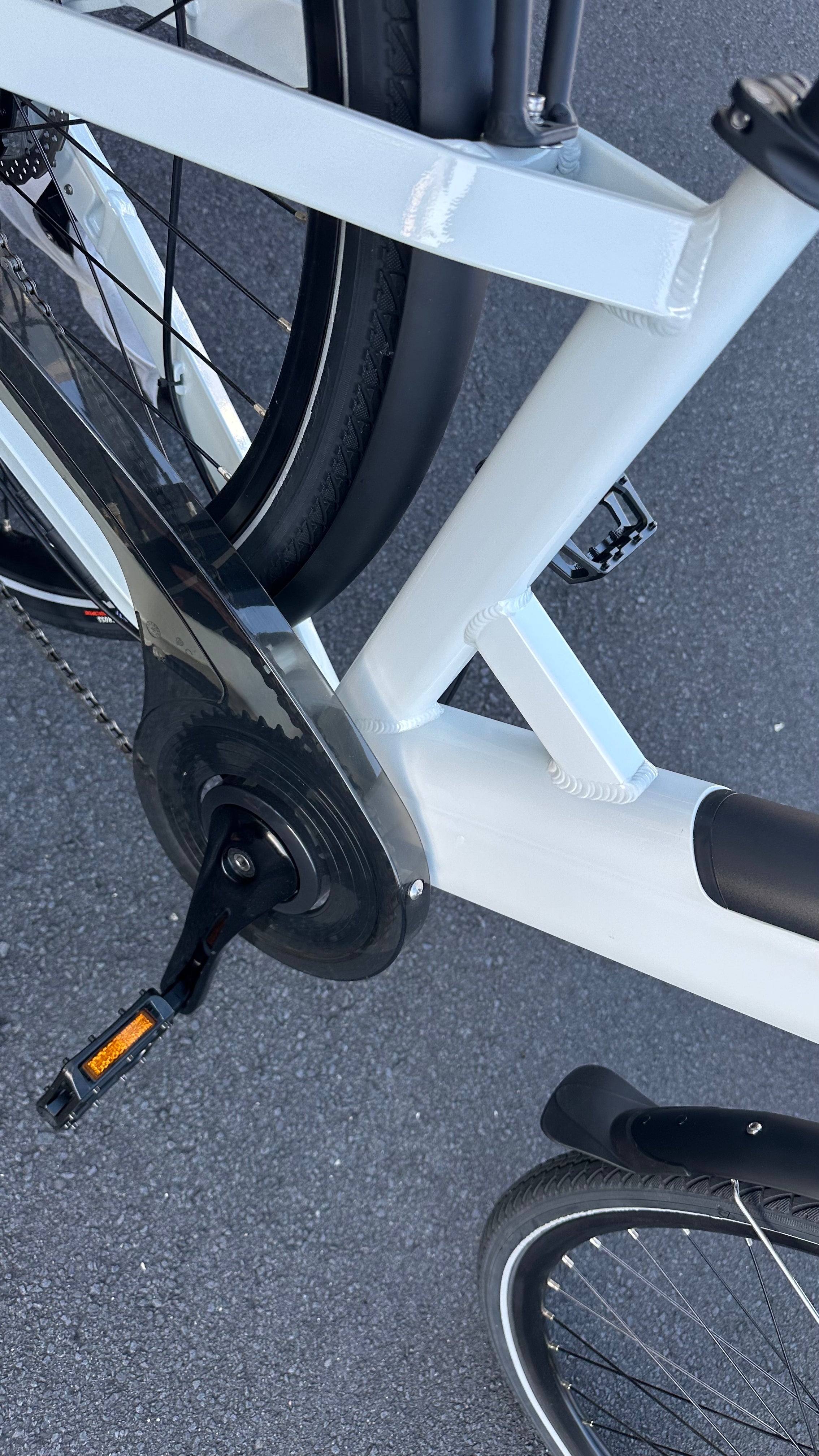 AB Bikes City Electric Assist Bicycle in white – seat tube view