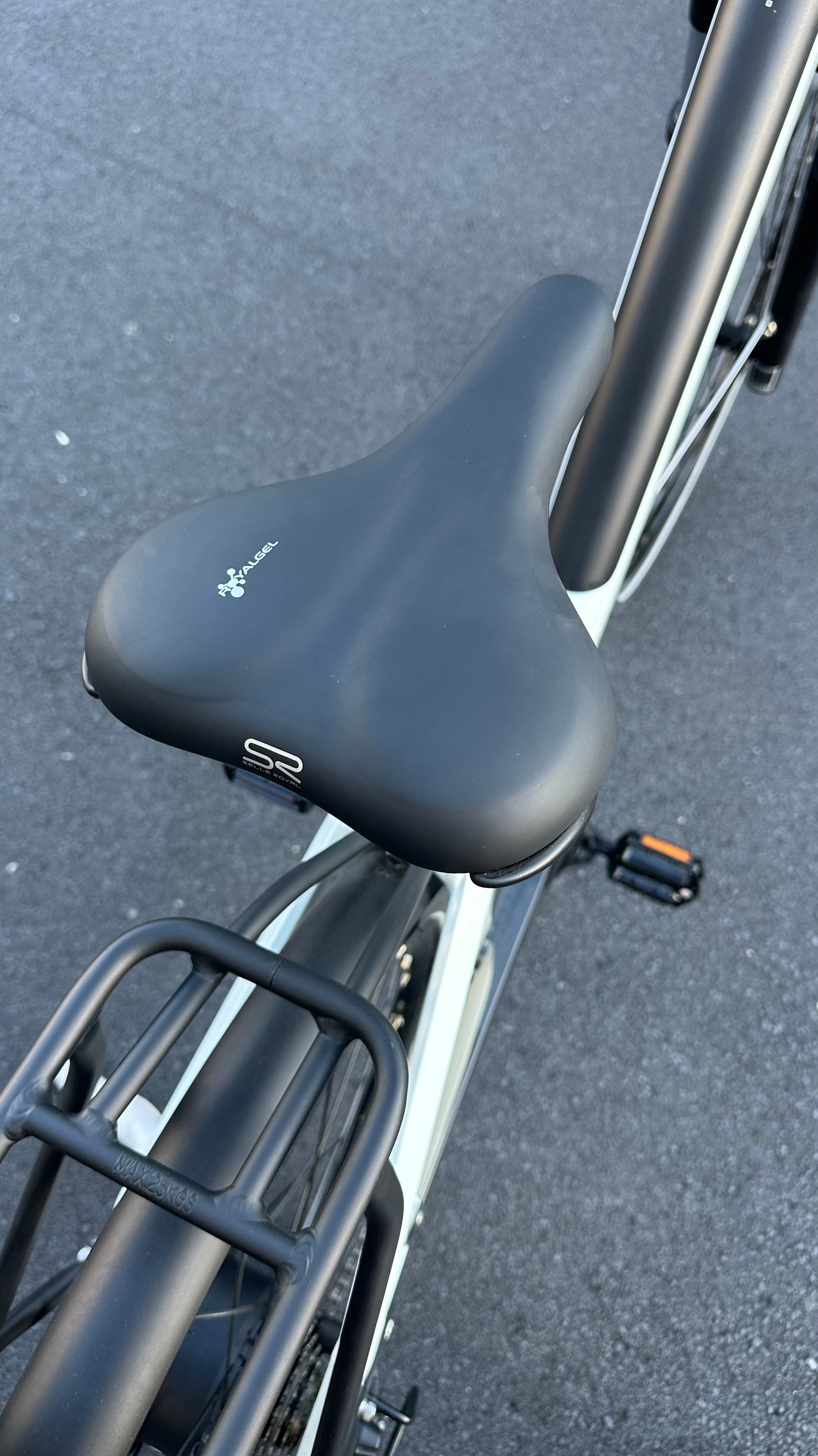 AB Bikes City Electric Assist Bicycle in white – bike seat view