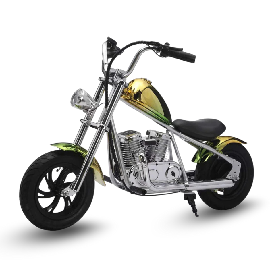 AB Bikes Kid Bike Electric Kids Bike in gold – front side view