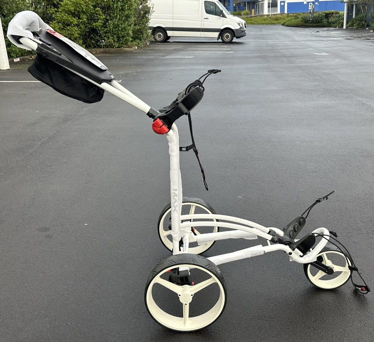 Golf-Trolley-BIG-MAX-trundler-FLATFOLD-Fast-Folding-Autofold-white side– AB Bikes Auckland NZ