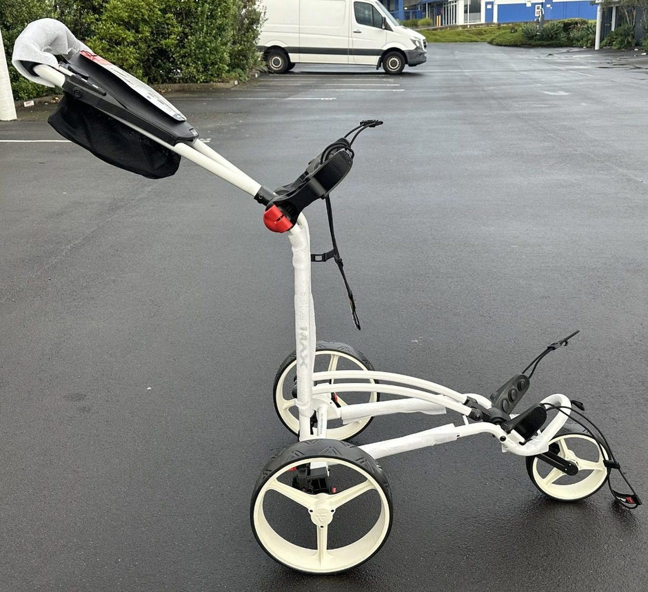 Golf-Trolley-BIG-MAX-trundler-FLATFOLD-Fast-Folding-Autofold-white side– AB Bikes Auckland NZ