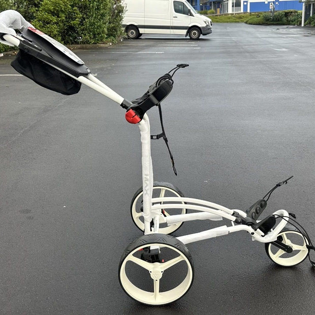 Golf-Trolley-BIG-MAX-trundler-FLATFOLD-Fast-Folding-Autofold-white side– AB Bikes Auckland NZ