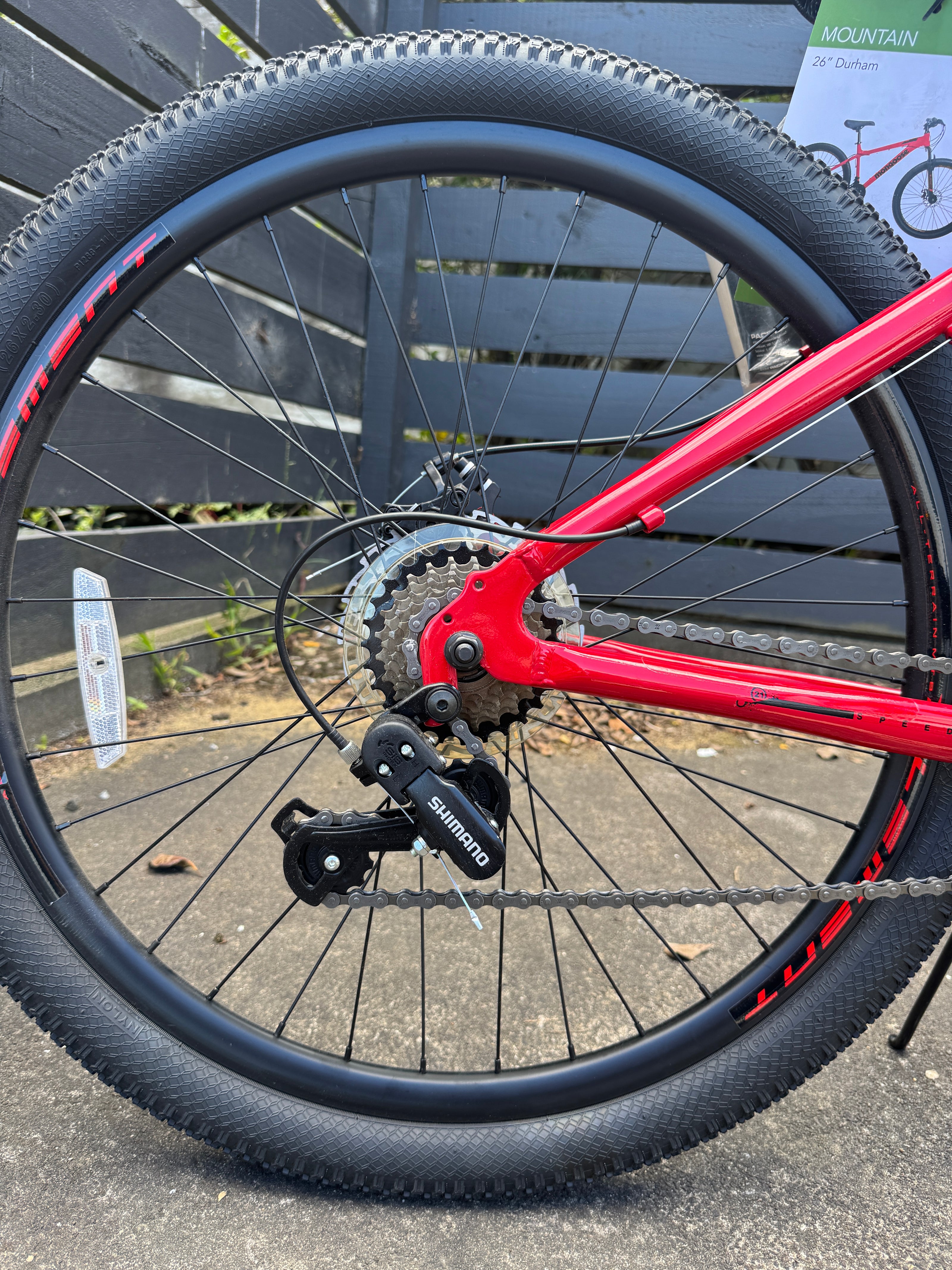 AB Bikes Mountain Bike MONGOOSE in red – rear wheel view