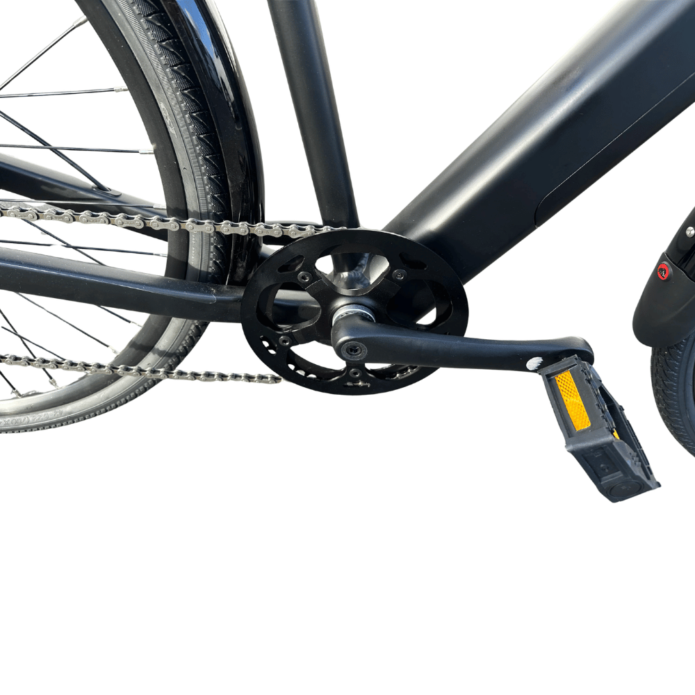 AB Bikes Electric Assist Bike Rover X/Y in black – chain and foot pedal view