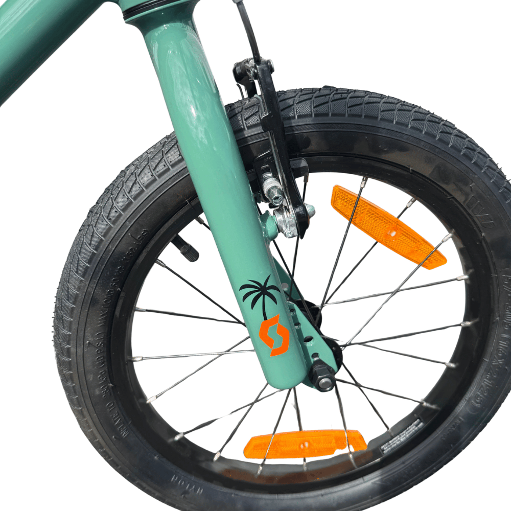 AB Bikes Kid Bike Scott Roxter 16 in green – front wheel view