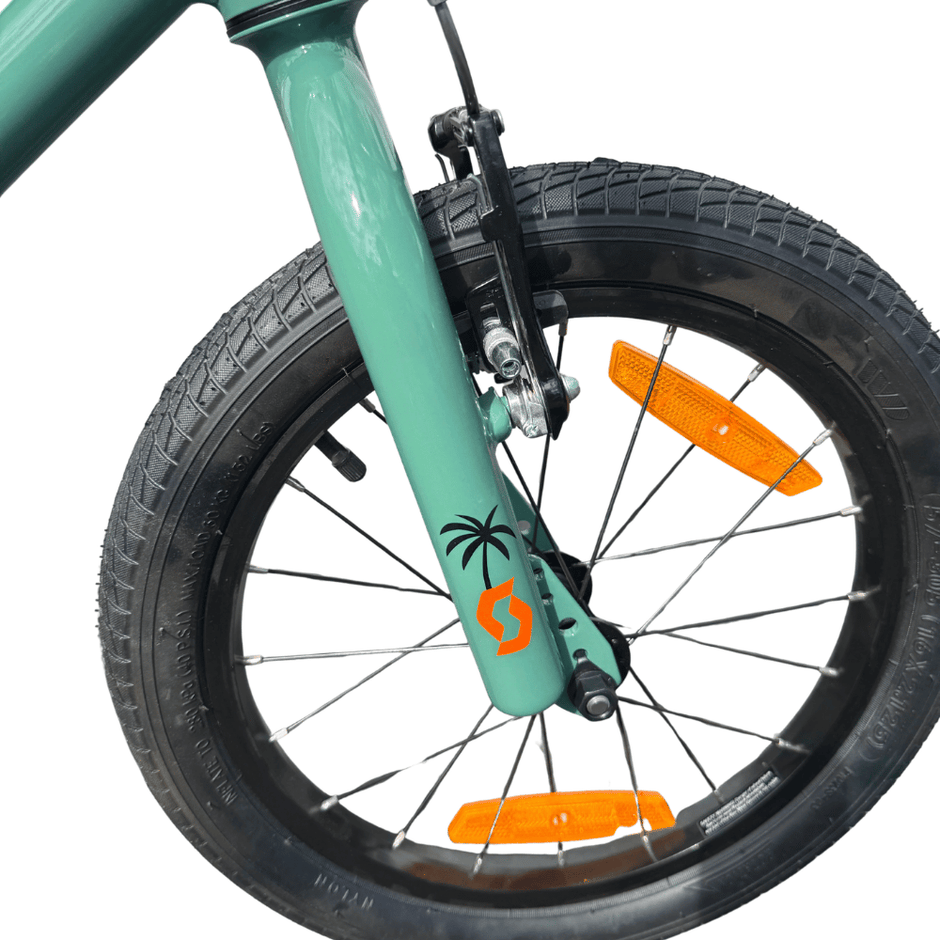 AB Bikes Kid Bike Scott Roxter 16 in green – front wheel view